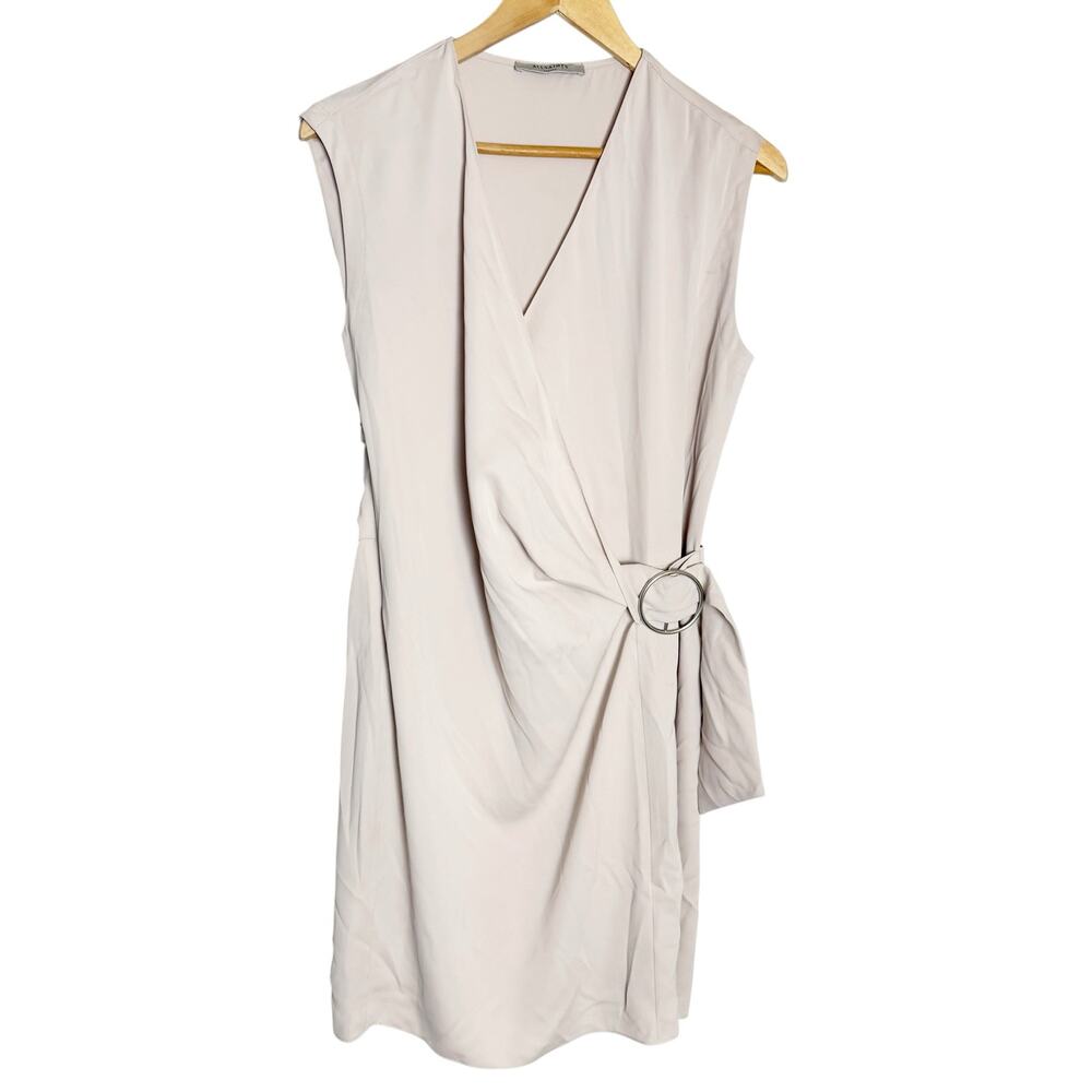 AllSaints Callie Cream Beige V-Neck O-Ring Sleeveless Sheath Wrap Dress Small
